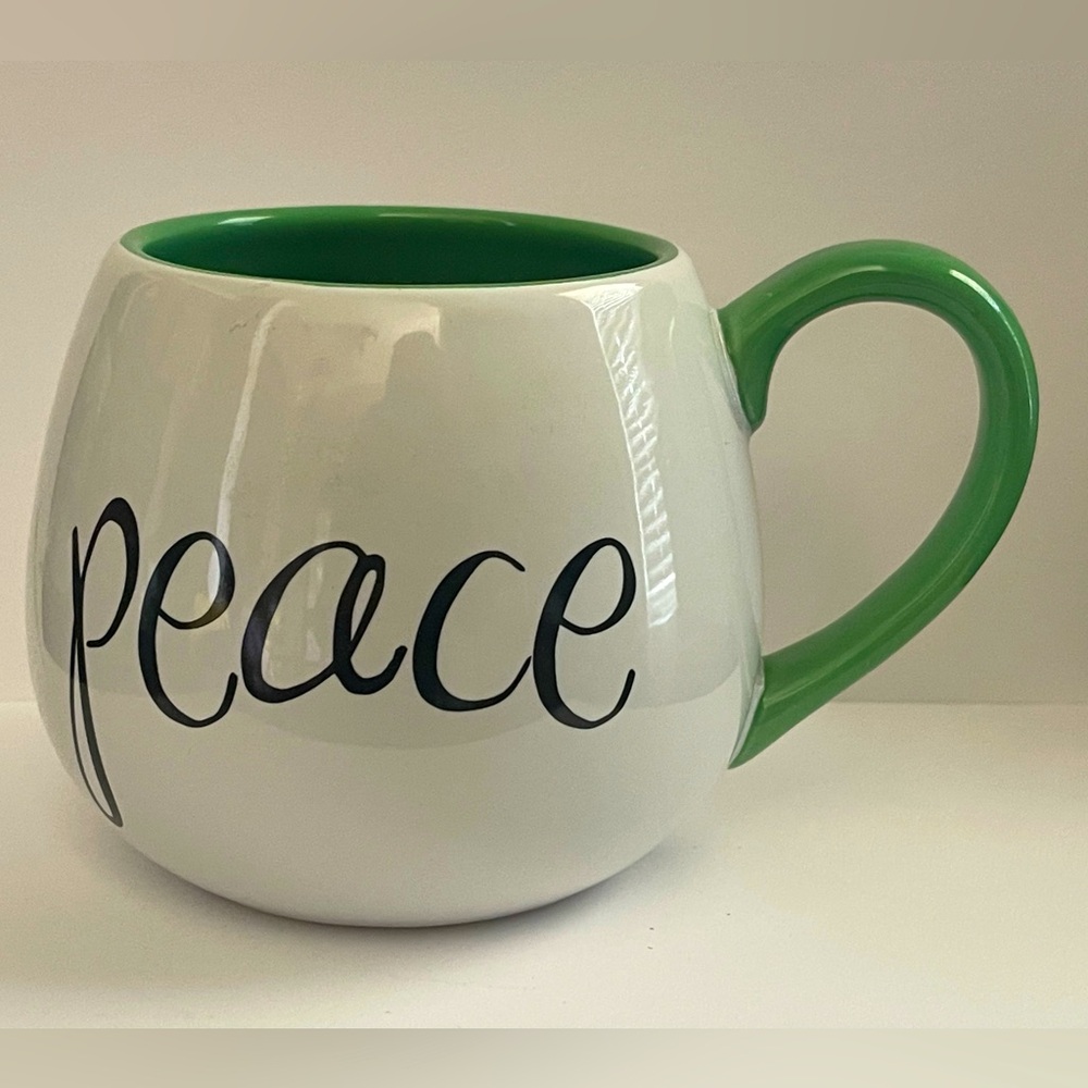 "Peace" Coffee Mug Teacup by Clay Art ~ White with Green Handle and Interior